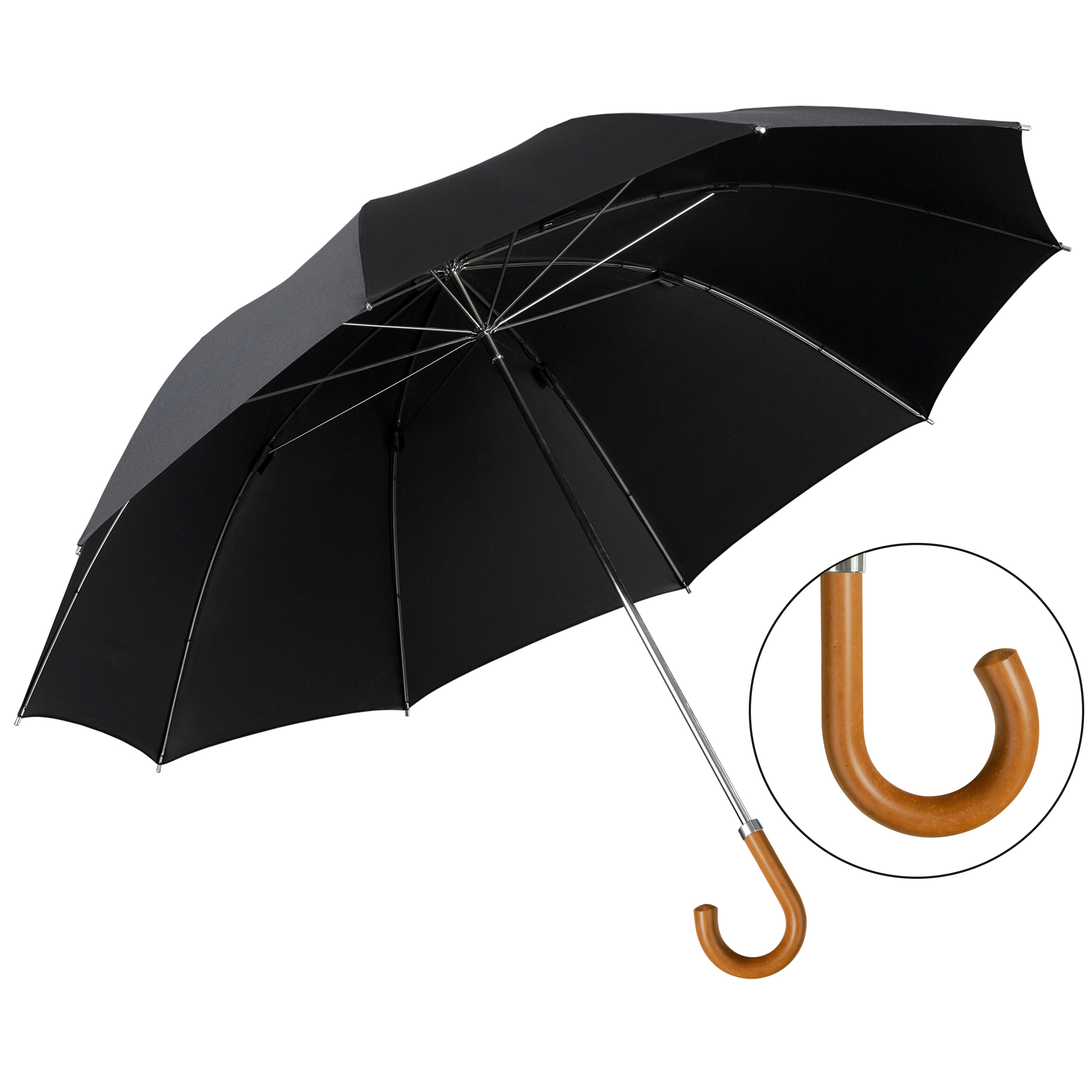 Parapluie de luxe Brillant HM69, poignée en bois de malacca, polyester noble noir