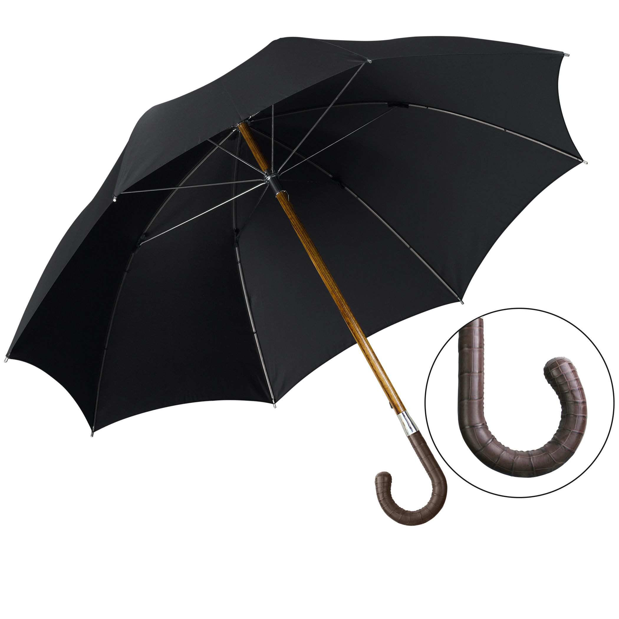 Parapluie de luxe Brillant HH60, poignée en crocodile brun foncé, tige en acacia, polyester noble noir