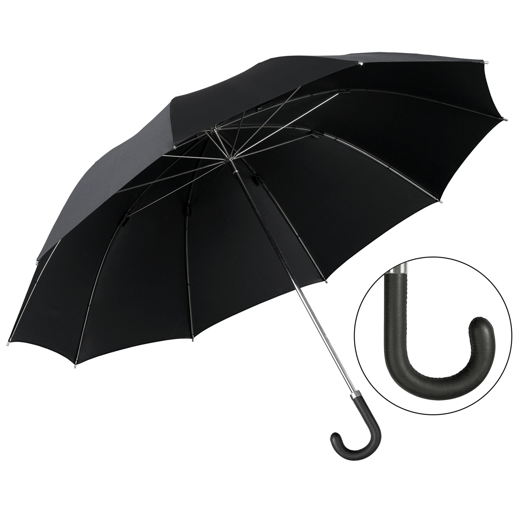 Parapluie de luxe Brillant HM56, poignée en cuir d’élan noir, polyester noble noir