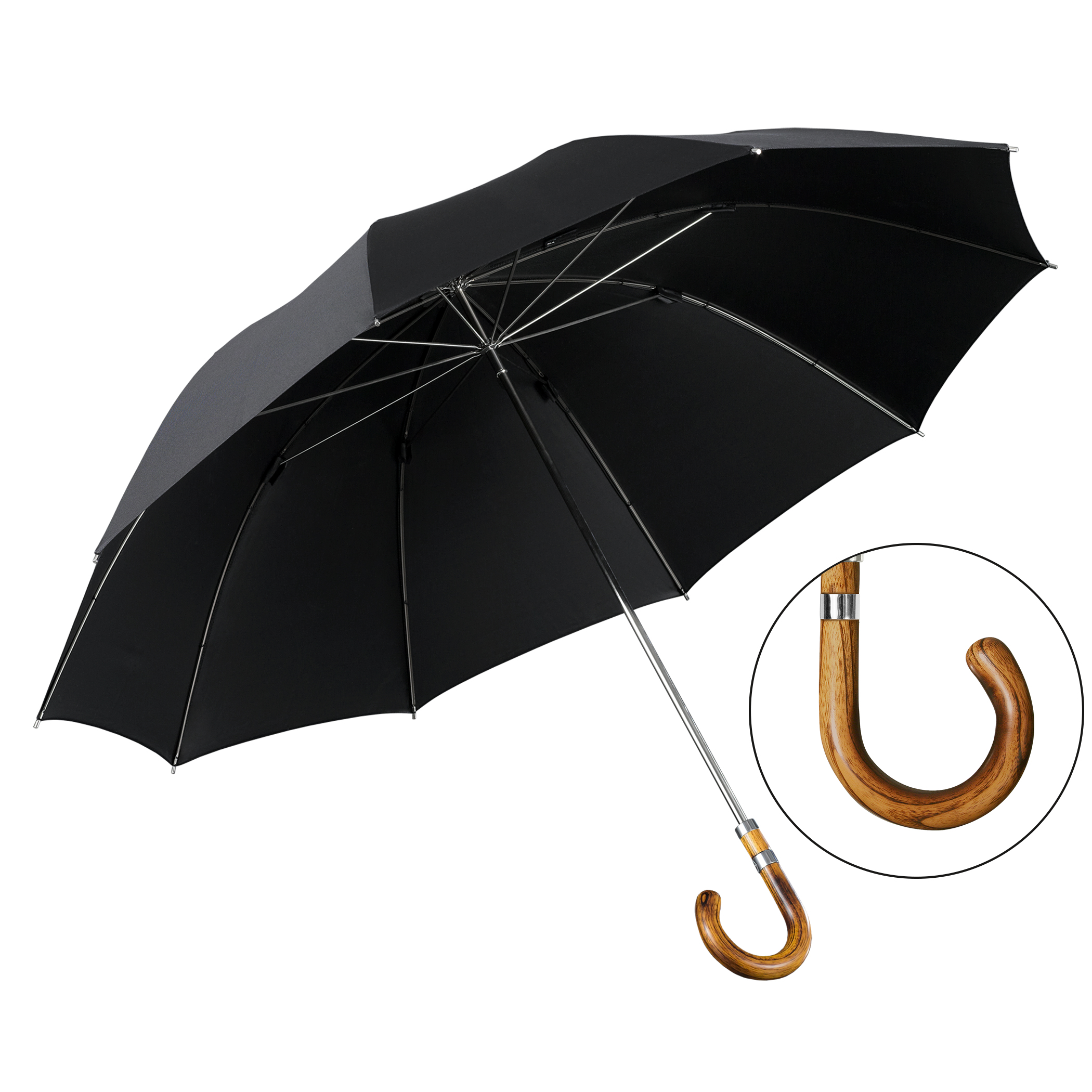 Parapluie de luxe Brillant HM85, poignee en bois d'acacia, polyester noble noir