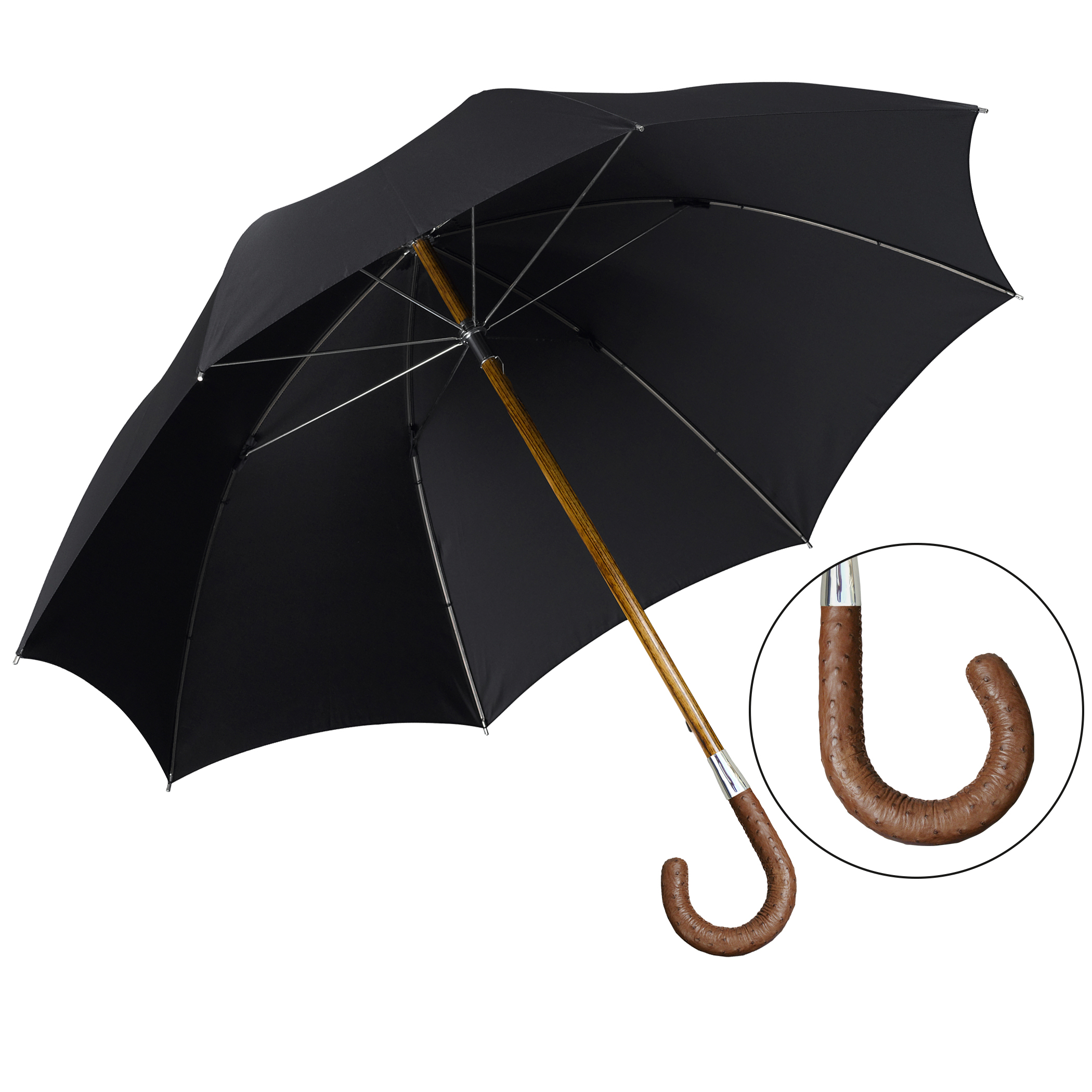 Parapluie de luxe Brillant HH55, poignée en cuir d'autruche brun, tige en acacia, polyester noble noir