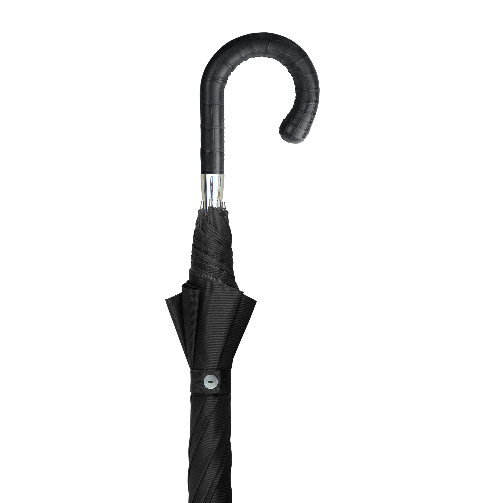 Luxury umbrella Brillant HH60, crocodile leather handle black, wooden stick made of acacia, silk black