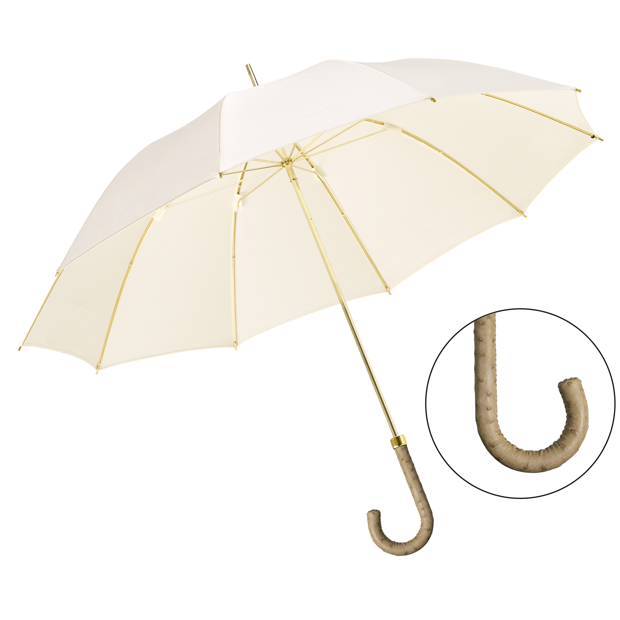 Parapluie de luxe Brillant DM23, poignée en cuir d'autruche beige, polyester noble crème